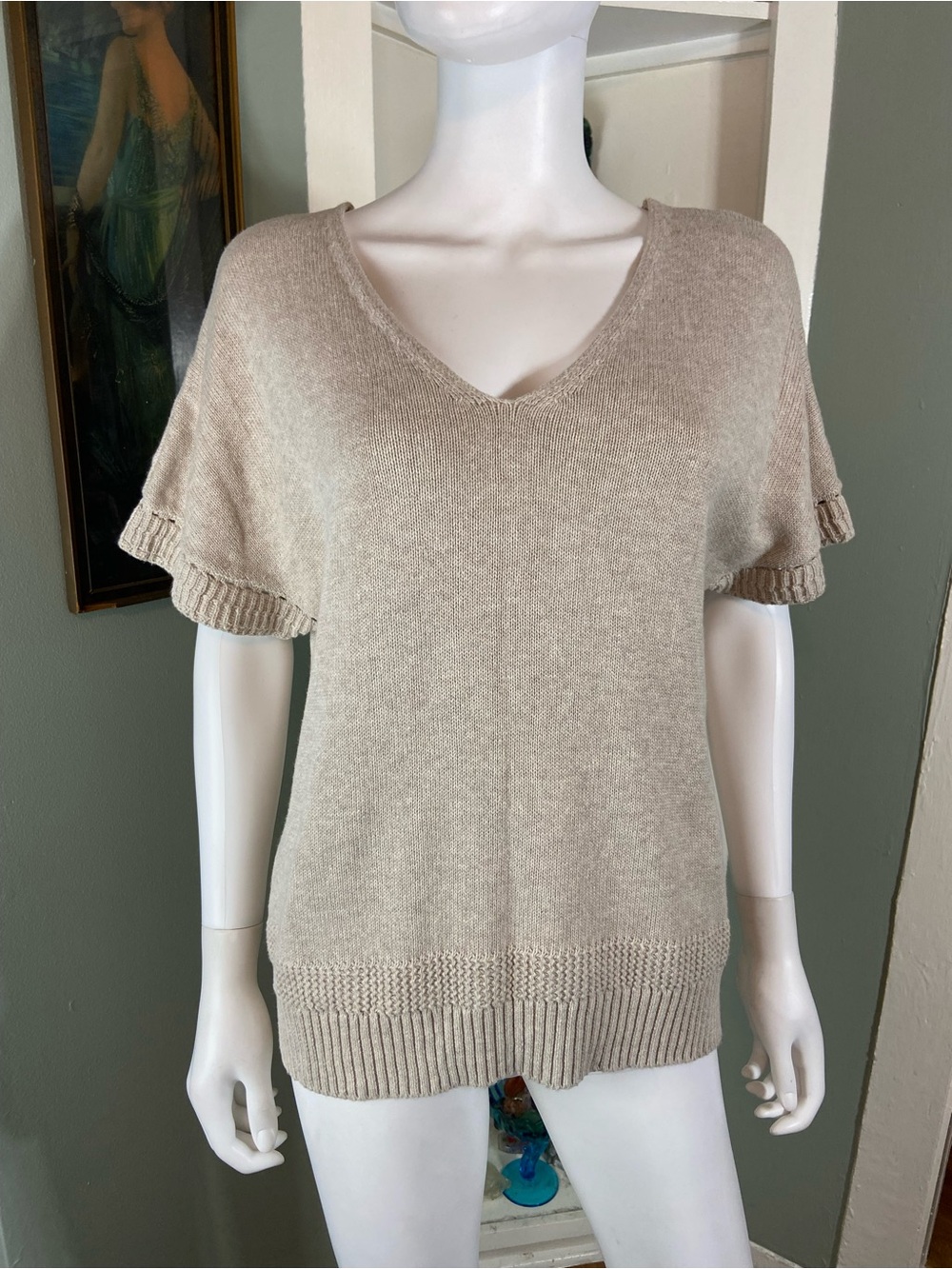 Joie Neutral Beige Cotton V-Neck Dolman Short Sleeve Knit Sweater Top Medium M